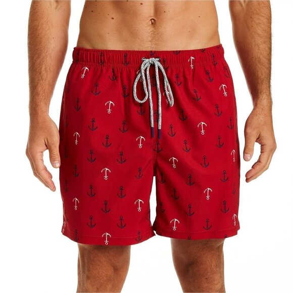 Rainforest Ships Ahoy Ribbon Red Men's Mesh Lined Quick Drying Swim Trunk Size L - Picture 1 of 6